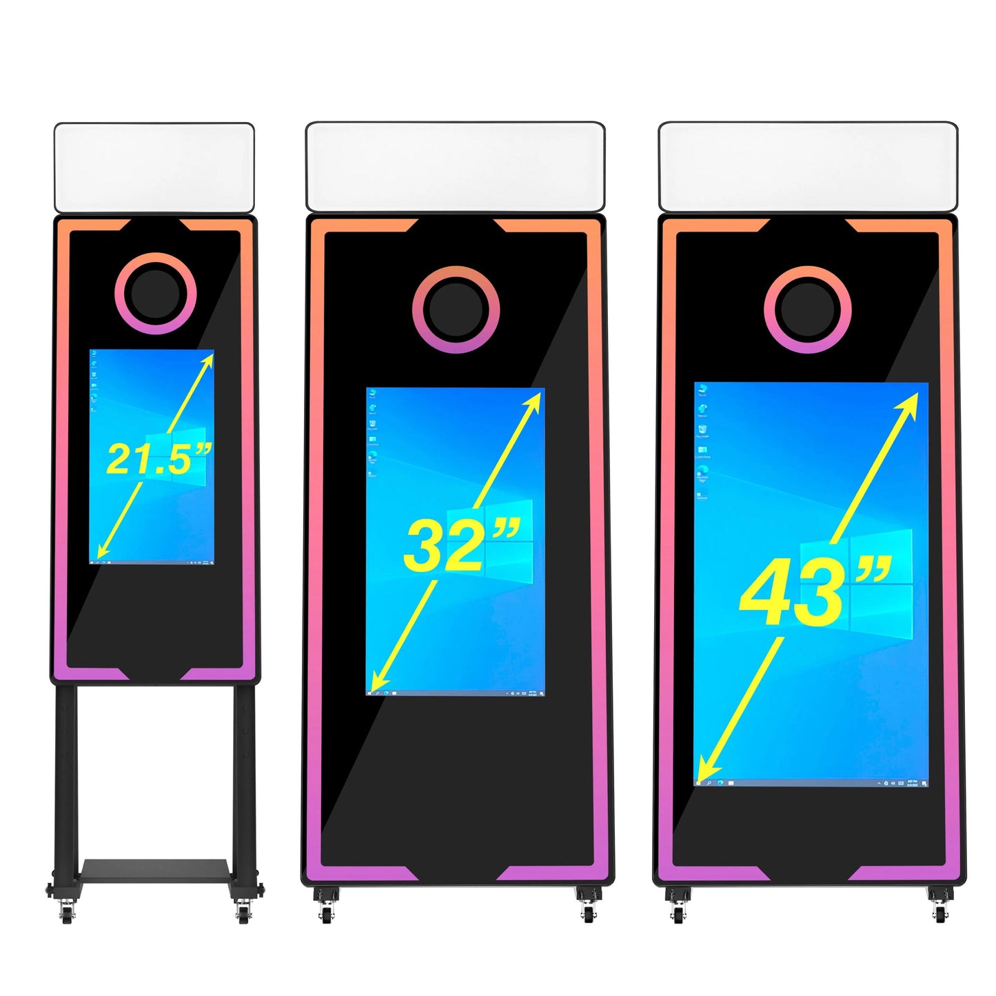 Magic mirror photo booth with wheels and touchscreen