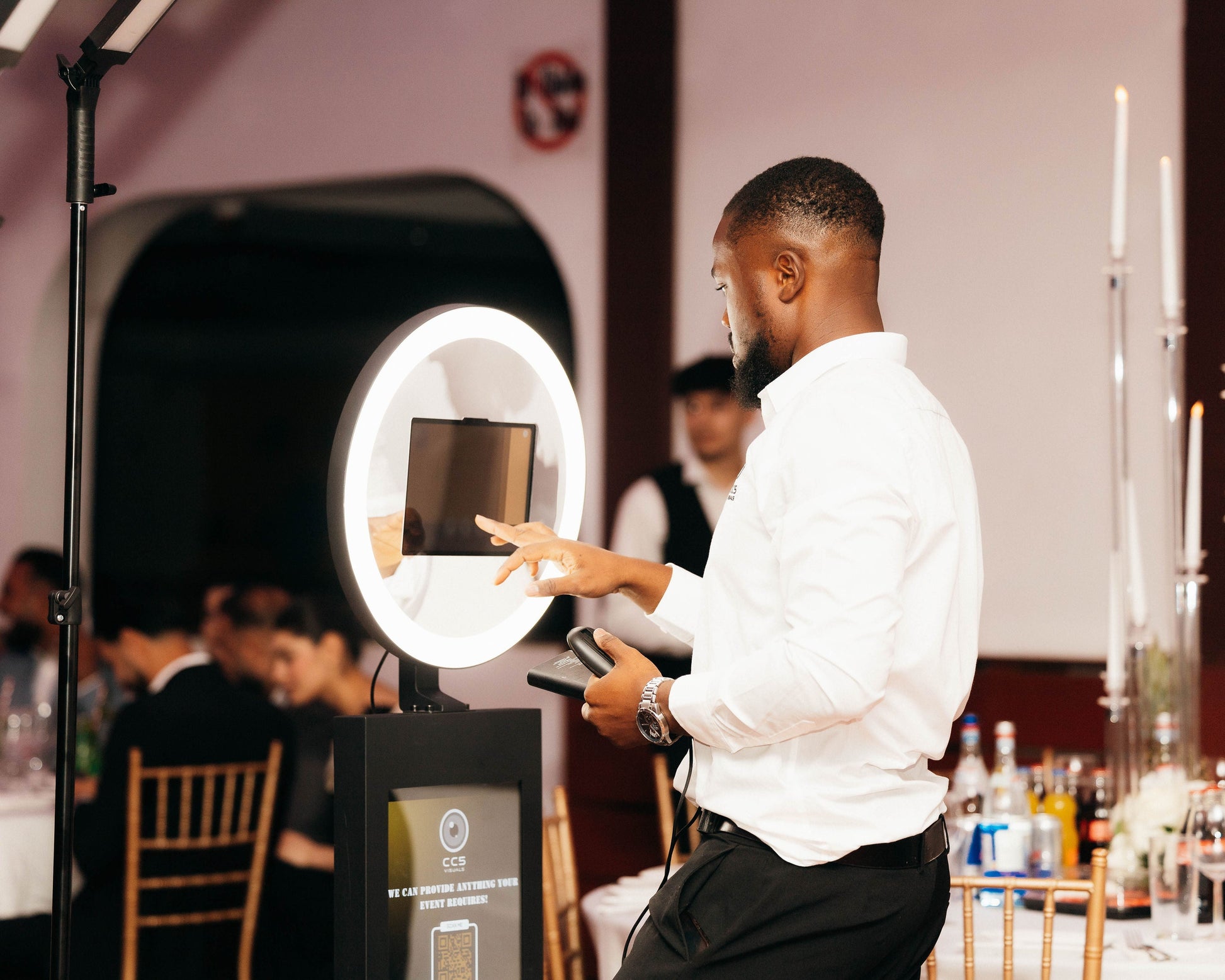 Selfie pod photo booth with LED ring light and LCD screen